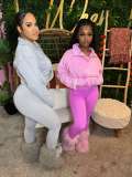 Women washed long-sleeved zipper pocket top and Pants Two Piece Set