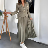 Women Button Blazer and Pleated Skirt Two Piece Set