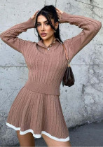 Women Knitting Long Sleeve Top and Skirt Two Piece Set