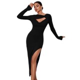 Women Hollow Knot Long Sleeve Sexy Slit Dress