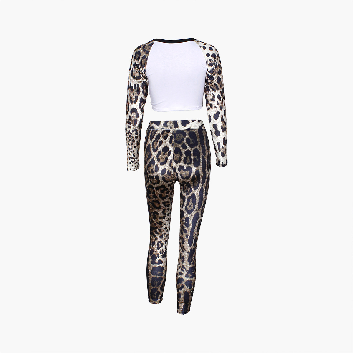 Women leopard Patchwork sexy long sleeve Crop Top and Pants Two Piece Set