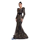 Women long-sleeved V-neck Bodycon Formal Party sequin fishtail evening dress