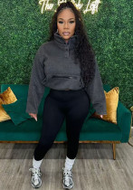 Women washed long-sleeved zipper pocket top and Pants Two Piece Set