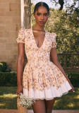 Women Sexy V Neck Printed Fluffy Mini Dress