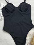 Women Black Hollow Lace-Up One-Piece Swimwear