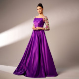 Women long-sleeved square neck Formal Party applique evening dress