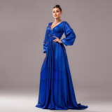 Women long-sleeved V-neck Formal Party Shiny evening dress