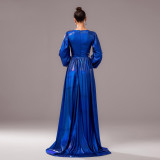 Women long-sleeved V-neck Formal Party Shiny evening dress