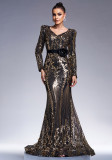 Women long-sleeved V-neck Bodycon Formal Party sequin fishtail evening dress