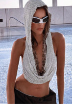 Women Summer Metallic Sequin Hooded Top