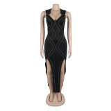 Women Sexy Beaded Slit sleeveless dress