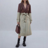 Women Fashion Contrast Patchwork Lace-Up Coat Windbreaker