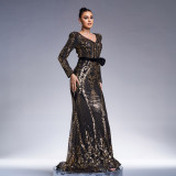 Women long-sleeved V-neck Bodycon Formal Party sequin fishtail evening dress