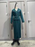 Women Button Blazer and Pleated Skirt Two Piece Set