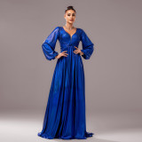 Women long-sleeved V-neck Formal Party Shiny evening dress