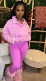 Women washed long-sleeved zipper pocket top and Pants Two Piece Set
