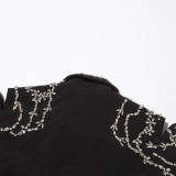 Women rhinestone beaded Open Waist long sleeve Blazer