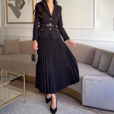 Women Button Blazer and Pleated Skirt Two Piece Set