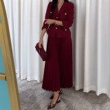 Women Button Blazer and Pleated Skirt Two Piece Set