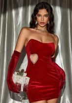 Women's Heart Shape Beaded Decoration Sexy Hollow Strapless Bodyocn Dress