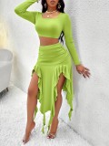 Fashionable And Elegant Solid Color Round Neck Long Sleeve Top Ruffle Skirt Two Piece Set For Women