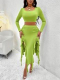 Fashionable And Elegant Solid Color Round Neck Long Sleeve Top Ruffle Skirt Two Piece Set For Women