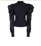 Autumn Women's Lantern Sleeve Patchwork Slim Top