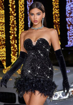 Spring Autumn Fashion Sexy Strapless Sequin Feather Sleeves Formal Party Dress