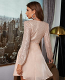 Deep V Sexy Sweet Sequin Patchwork Mesh Long Sleeve Short A-Line Party Dress