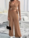 Elegant Fashion Wrap V-Neck Lace-Up Long Sleeve Top Slim Fit Wide-Leg Pants Solid Color Two Piece Set
