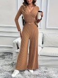Elegant Fashion Wrap V-Neck Lace-Up Long Sleeve Top Slim Fit Wide-Leg Pants Solid Color Two Piece Set