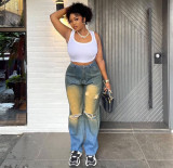 Women's Street Wear Ripped Washed And Distressed Straight Denim Pants