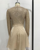 Deep V Sexy Sweet Sequin Patchwork Mesh Long Sleeve Short A-Line Party Dress