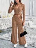 Elegant Fashion Wrap V-Neck Lace-Up Long Sleeve Top Slim Fit Wide-Leg Pants Solid Color Two Piece Set