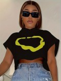 Casual Women's Street Print Contrast Color Short Loose Hooded T-Shirt