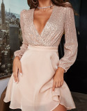 Deep V Sexy Sweet Sequin Patchwork Mesh Long Sleeve Short A-Line Party Dress