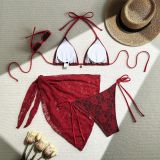 Sexy Lace Three-Piece Mesh Short Skirt Bikini Swimsuit