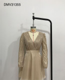 Deep V Sexy Sweet Sequin Patchwork Mesh Long Sleeve Short A-Line Party Dress