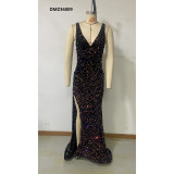Halter Neck Hollow Fishtail Dress Long Dress High Slit Low Back Sequin Formal Party Evening Dress
