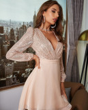 Deep V Sexy Sweet Sequin Patchwork Mesh Long Sleeve Short A-Line Party Dress