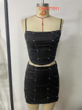 Summer Sexy Beaded Camisole Bodycon Short Skirt Fashion Two Piece Set
