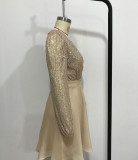 Deep V Sexy Sweet Sequin Patchwork Mesh Long Sleeve Short A-Line Party Dress