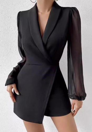 Women's Solid Color Long Sleeve Chiffon Patchwork Turndown Collar Career Short Jumpsuit