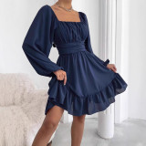 Women's Sexy Fashion Solid Color Lace-Up Bell Bottom Sleeve Ruffle Jumpsuit
