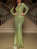 Autumn Winter Sexy Fashion Slim Long Sleeve Formal Party Sequin Evening Dress