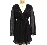 Women's Fashion Deep V Neck Loose Long Sleeve Sequin Dress
