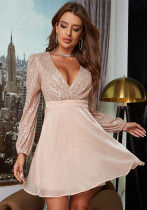 Deep V Sexy Sweet Sequin Patchwork Mesh Long Sleeve Short A-Line Party Dress