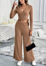 Elegant Fashion Wrap V-Neck Lace-Up Long Sleeve Top Slim Fit Wide-Leg Pants Solid Color Two Piece Set