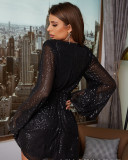 Women's Fashion Deep V Neck Loose Long Sleeve Sequin Dress