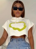Casual Women's Street Print Contrast Color Short Loose Hooded T-Shirt
